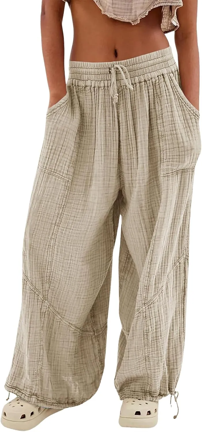 utcoco Womens Casual Loose Fit Wide Leg Cotton Pants Drawstring Stitching Baggy Pants Trousers with Pockets