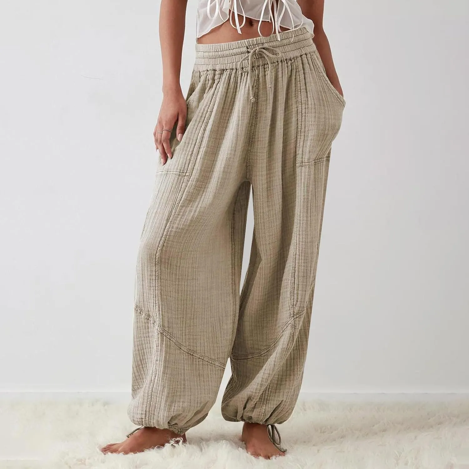 utcoco Womens Casual Loose Fit Wide Leg Cotton Pants Drawstring Stitching Baggy Pants Trousers with Pockets
