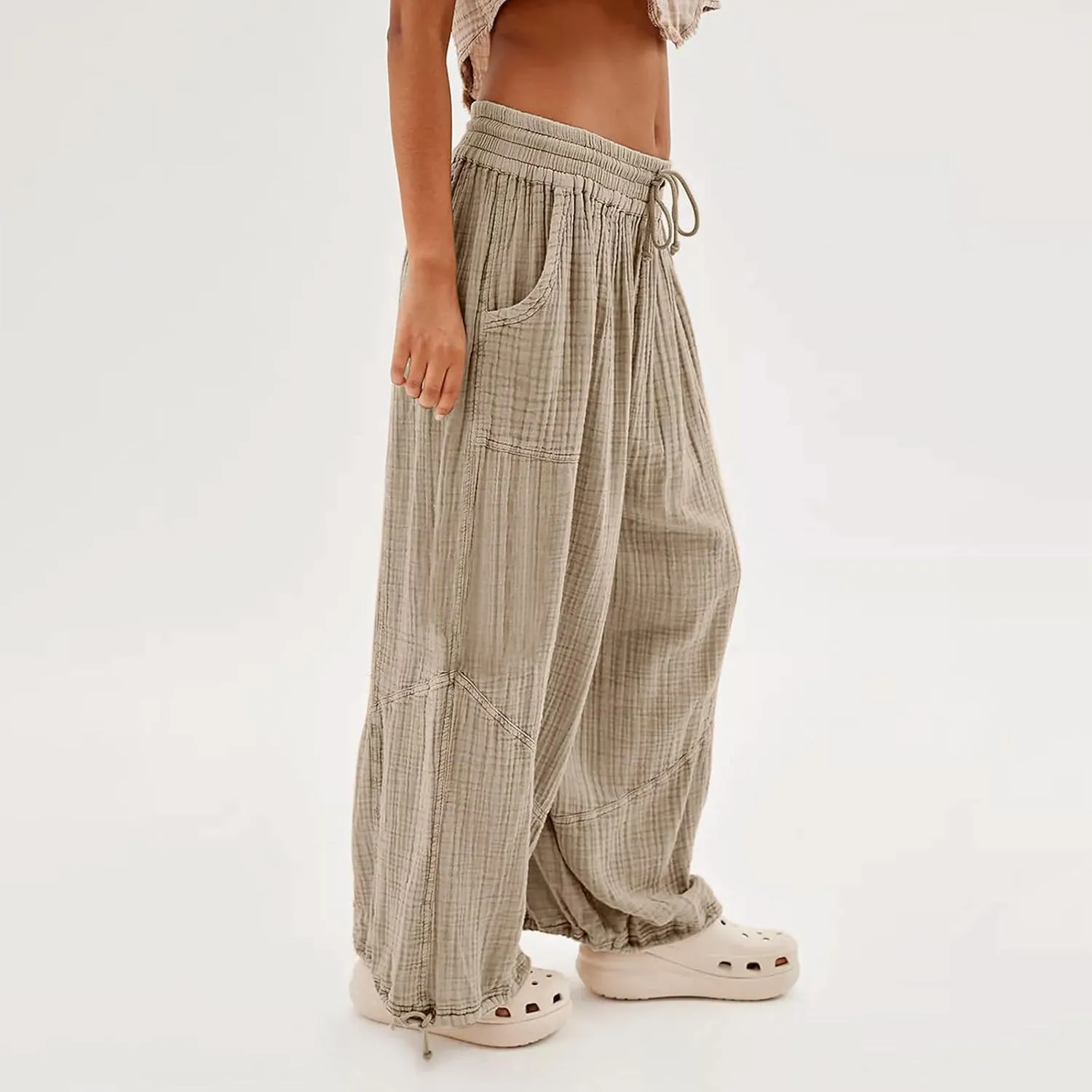 utcoco Womens Casual Loose Fit Wide Leg Cotton Pants Drawstring Stitching Baggy Pants Trousers with Pockets