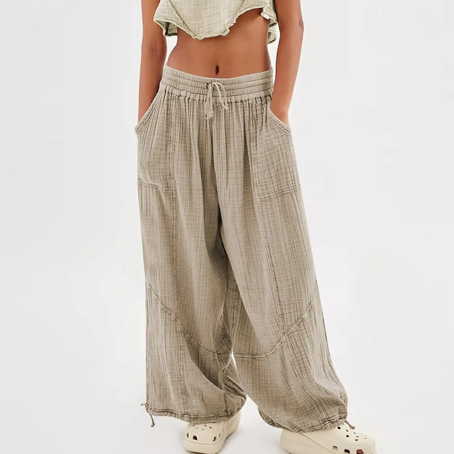 utcoco Womens Casual Loose Fit Wide Leg Cotton Pants Drawstring Stitching Baggy Pants Trousers with Pockets