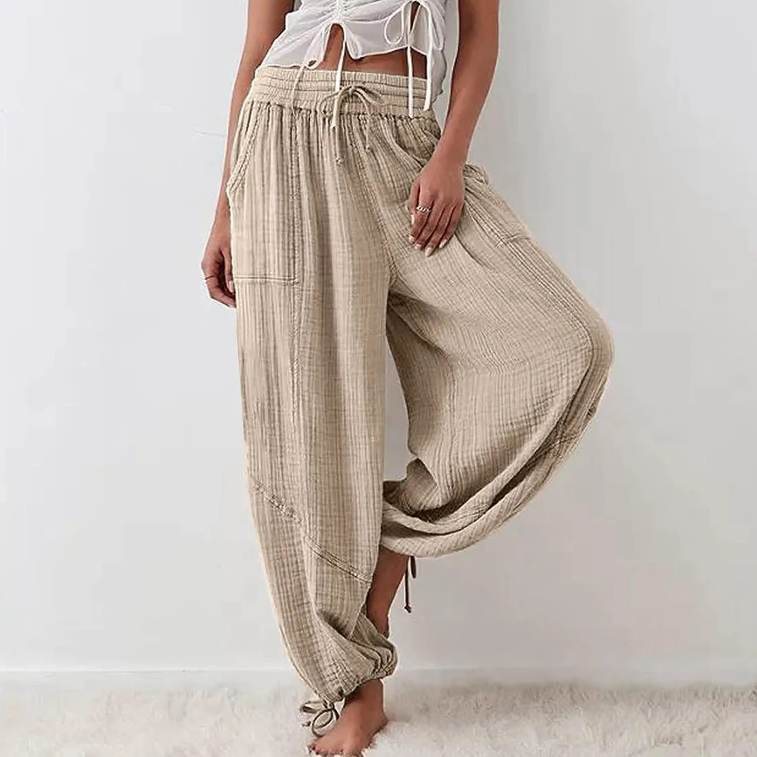 utcoco Womens Casual Loose Fit Wide Leg Cotton Pants Drawstring Stitching Baggy Pants Trousers with Pockets