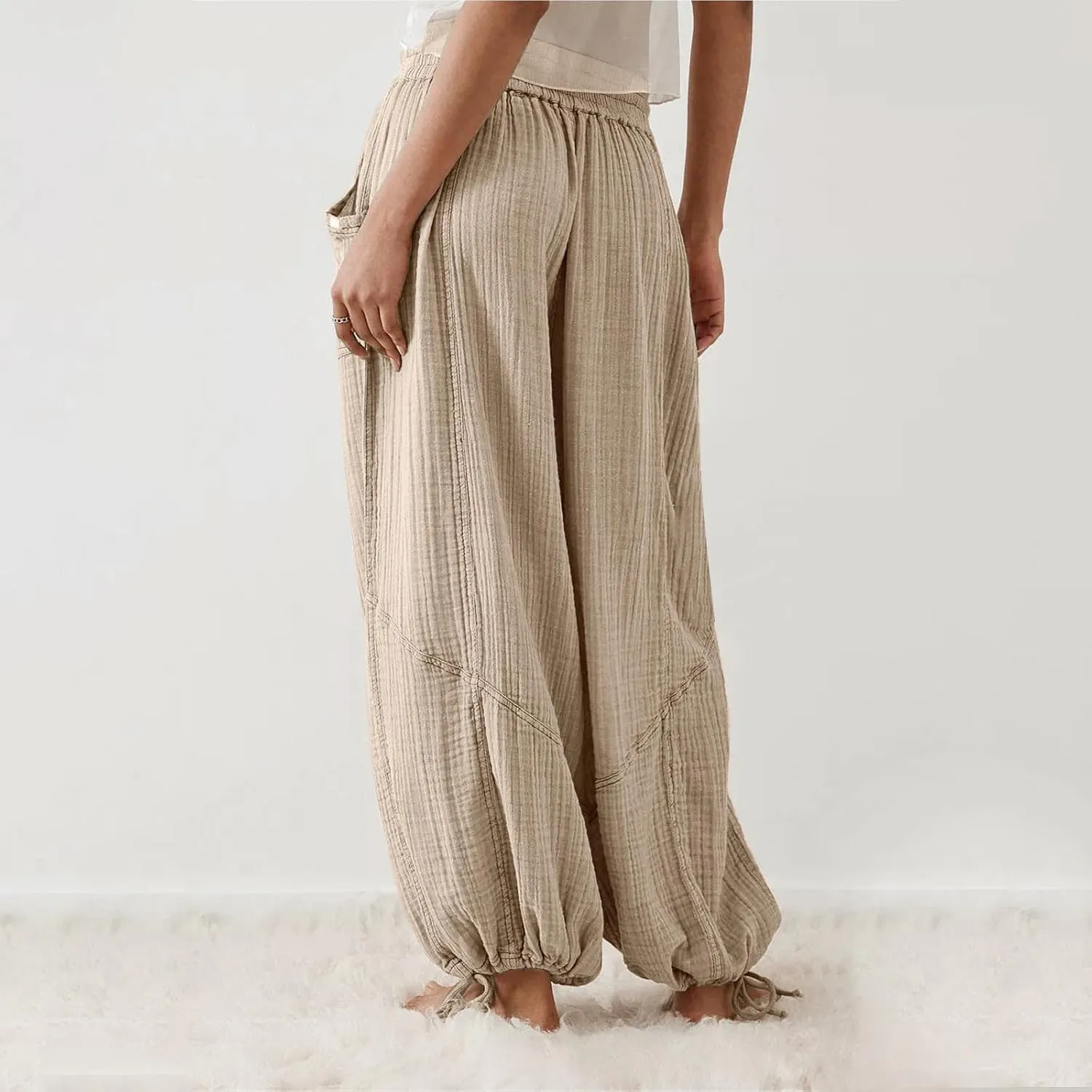 utcoco Womens Casual Loose Fit Wide Leg Cotton Pants Drawstring Stitching Baggy Pants Trousers with Pockets