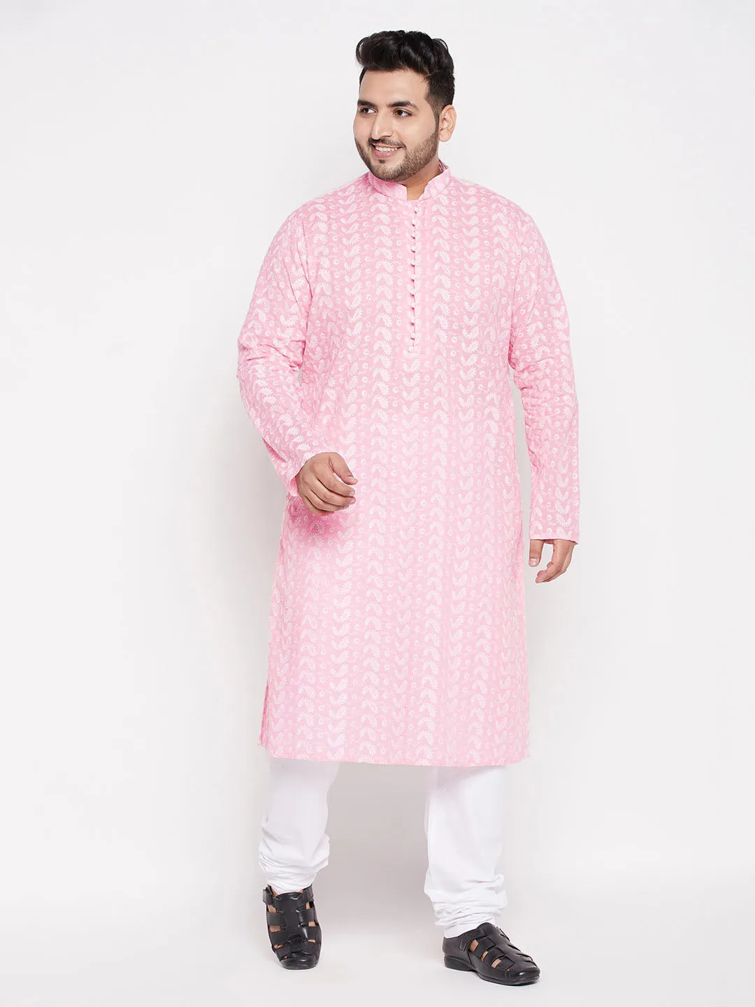 VASTRAMAY Pink Chikankari Embroidered Men's Kurta