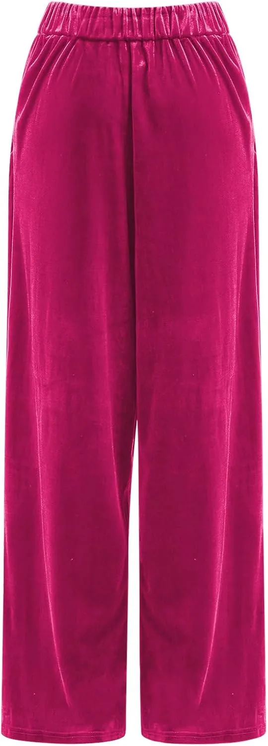 Velvet Pants for Women High Waist Loose Wide Leg Pants Casual Office Velour Long Trousers with Pockets