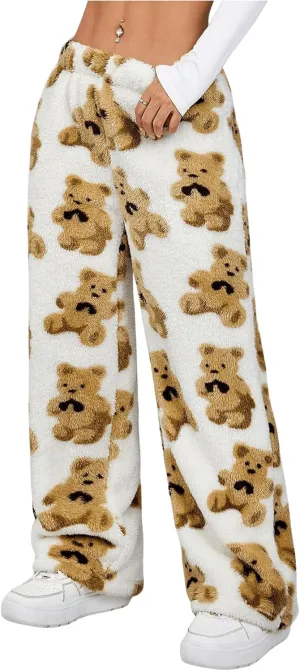 Verdusa Women's Bear Print Teddy Plush Fuzzy Fleece Wide Leg Lounge Long Pants Pajama Pants
