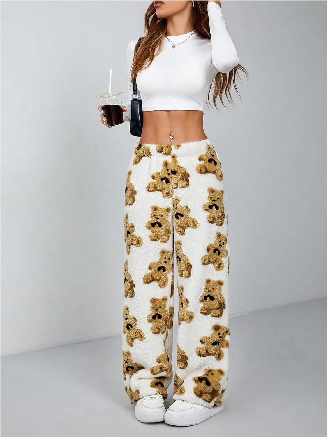 Verdusa Women's Bear Print Teddy Plush Fuzzy Fleece Wide Leg Lounge Long Pants Pajama Pants