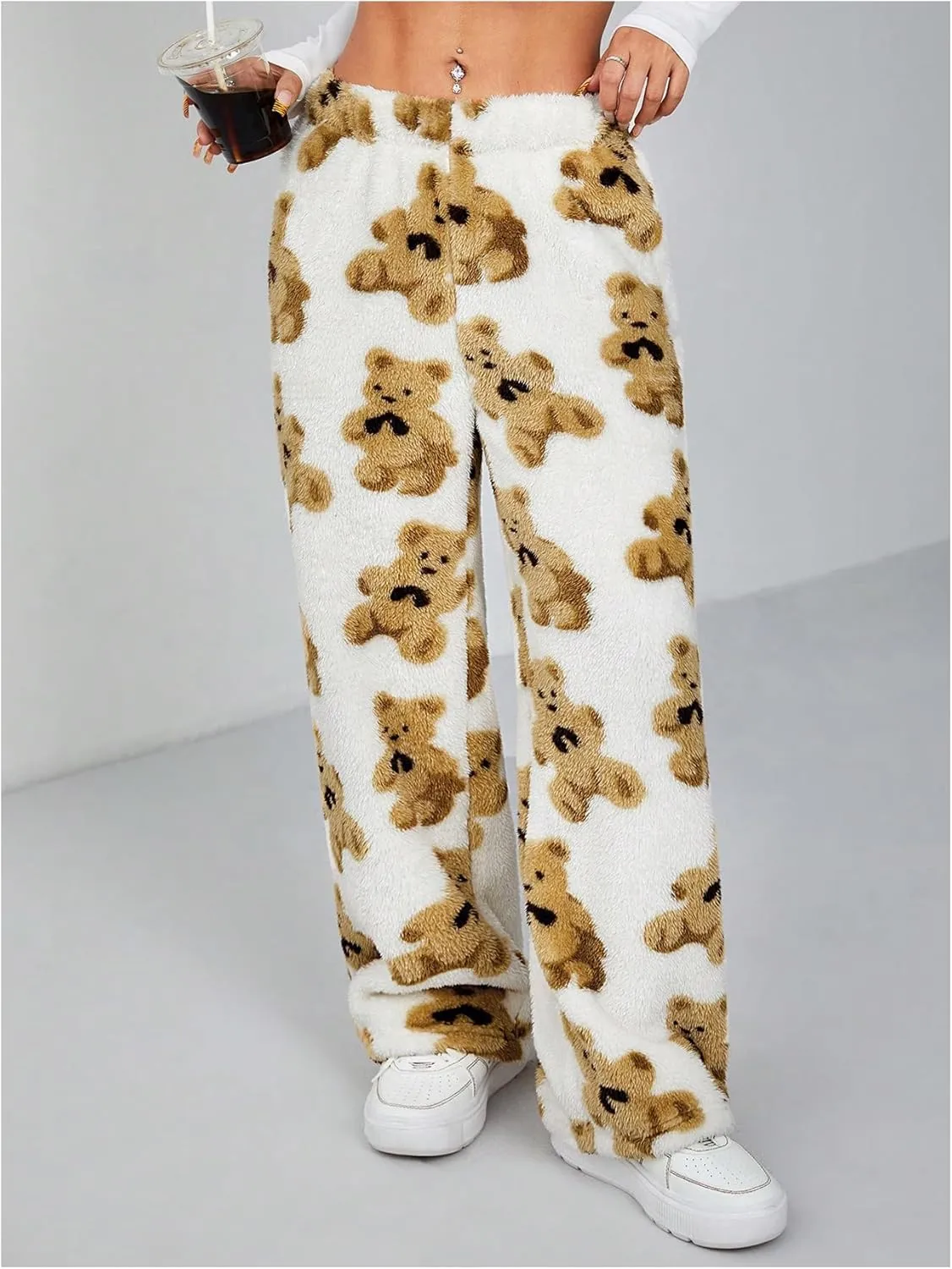 Verdusa Women's Bear Print Teddy Plush Fuzzy Fleece Wide Leg Lounge Long Pants Pajama Pants