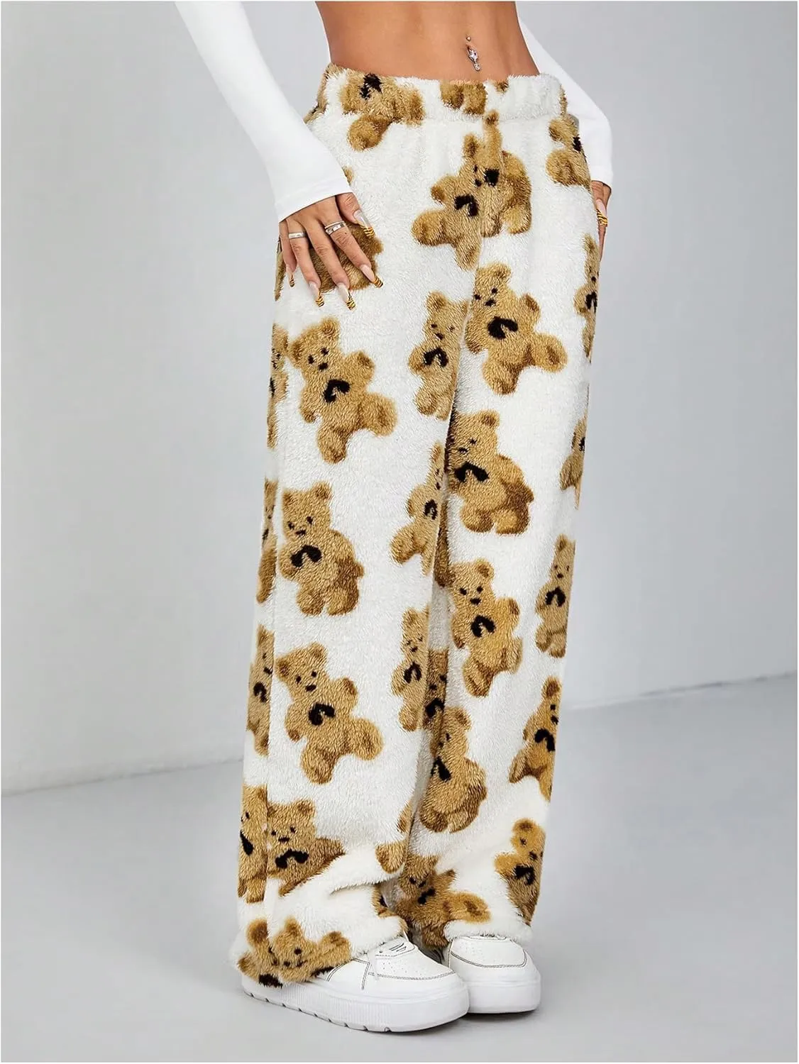 Verdusa Women's Bear Print Teddy Plush Fuzzy Fleece Wide Leg Lounge Long Pants Pajama Pants