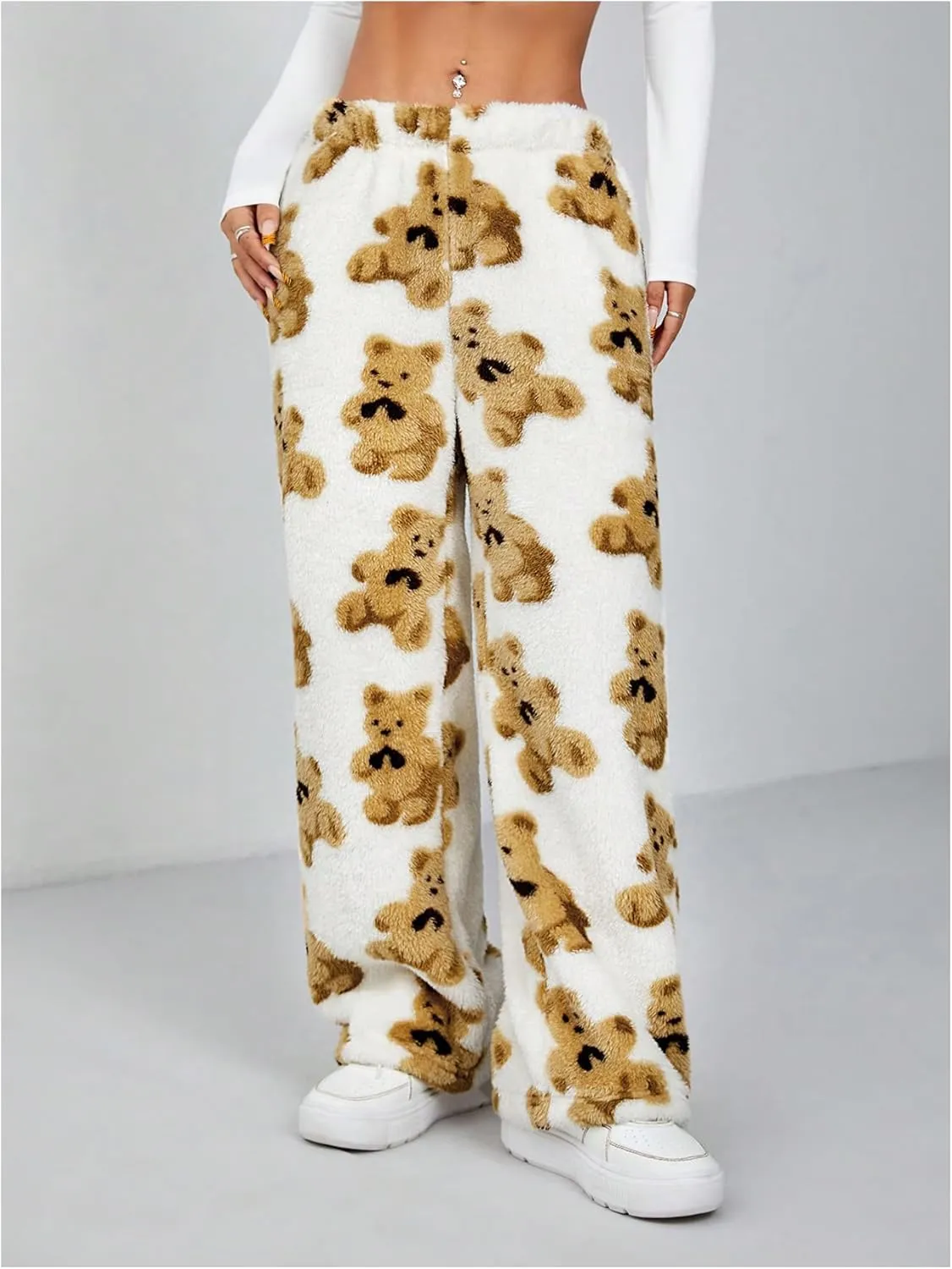 Verdusa Women's Bear Print Teddy Plush Fuzzy Fleece Wide Leg Lounge Long Pants Pajama Pants