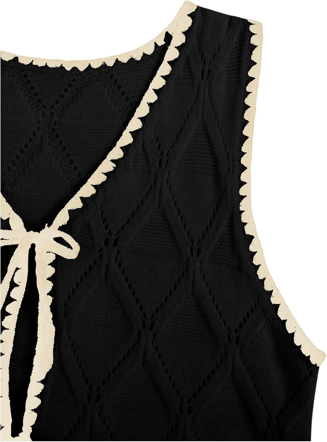 Verdusa Women's Old Money Bow Tie Crochet Sweater Vest Contrast Binding Knot Front V Neck Knit Top