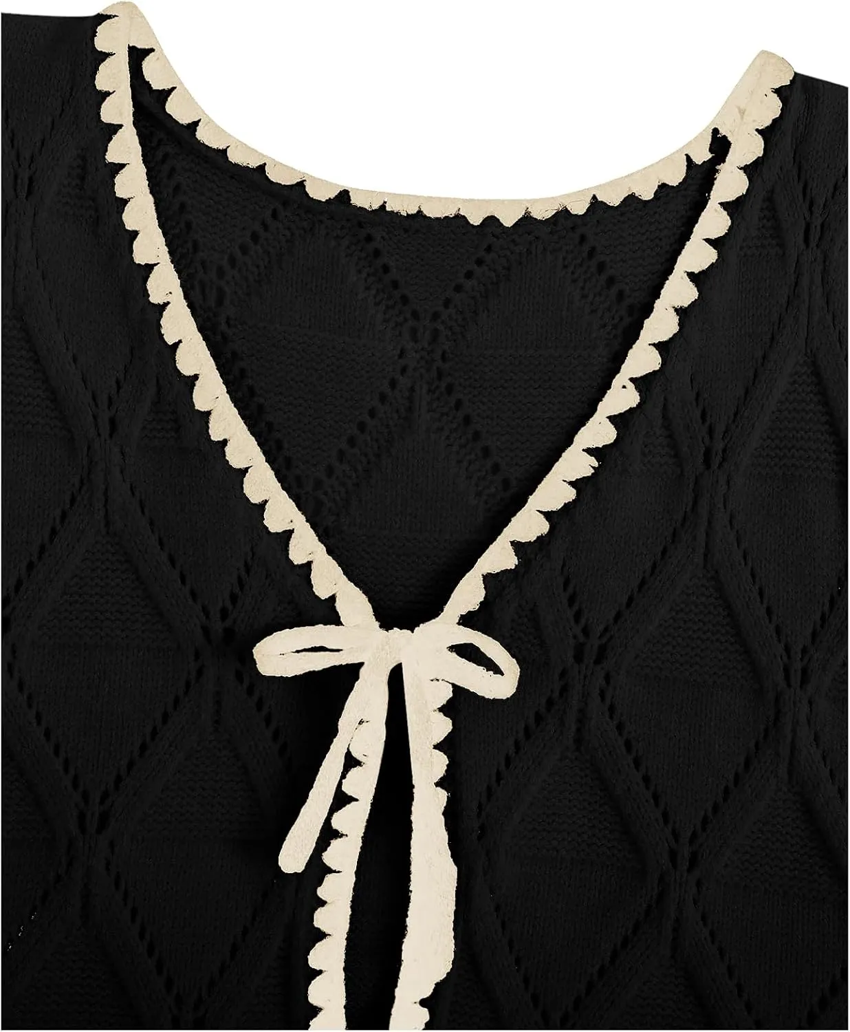 Verdusa Women's Old Money Bow Tie Crochet Sweater Vest Contrast Binding Knot Front V Neck Knit Top