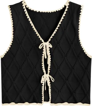 Verdusa Women's Old Money Bow Tie Crochet Sweater Vest Contrast Binding Knot Front V Neck Knit Top