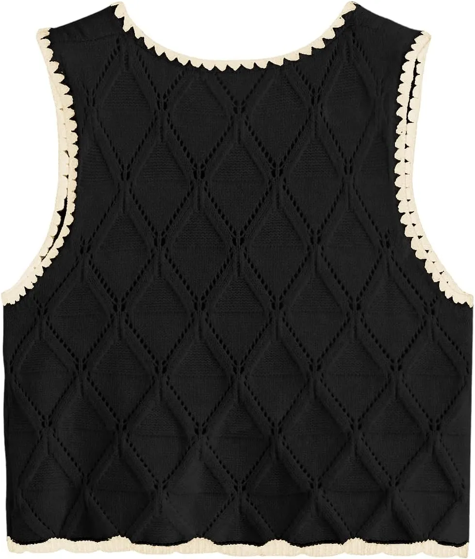 Verdusa Women's Old Money Bow Tie Crochet Sweater Vest Contrast Binding Knot Front V Neck Knit Top