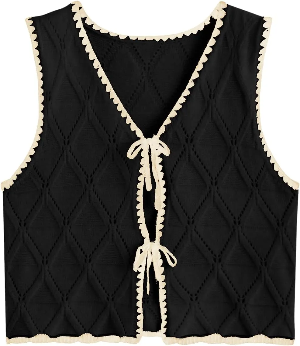 Verdusa Women's Old Money Bow Tie Crochet Sweater Vest Contrast Binding Knot Front V Neck Knit Top