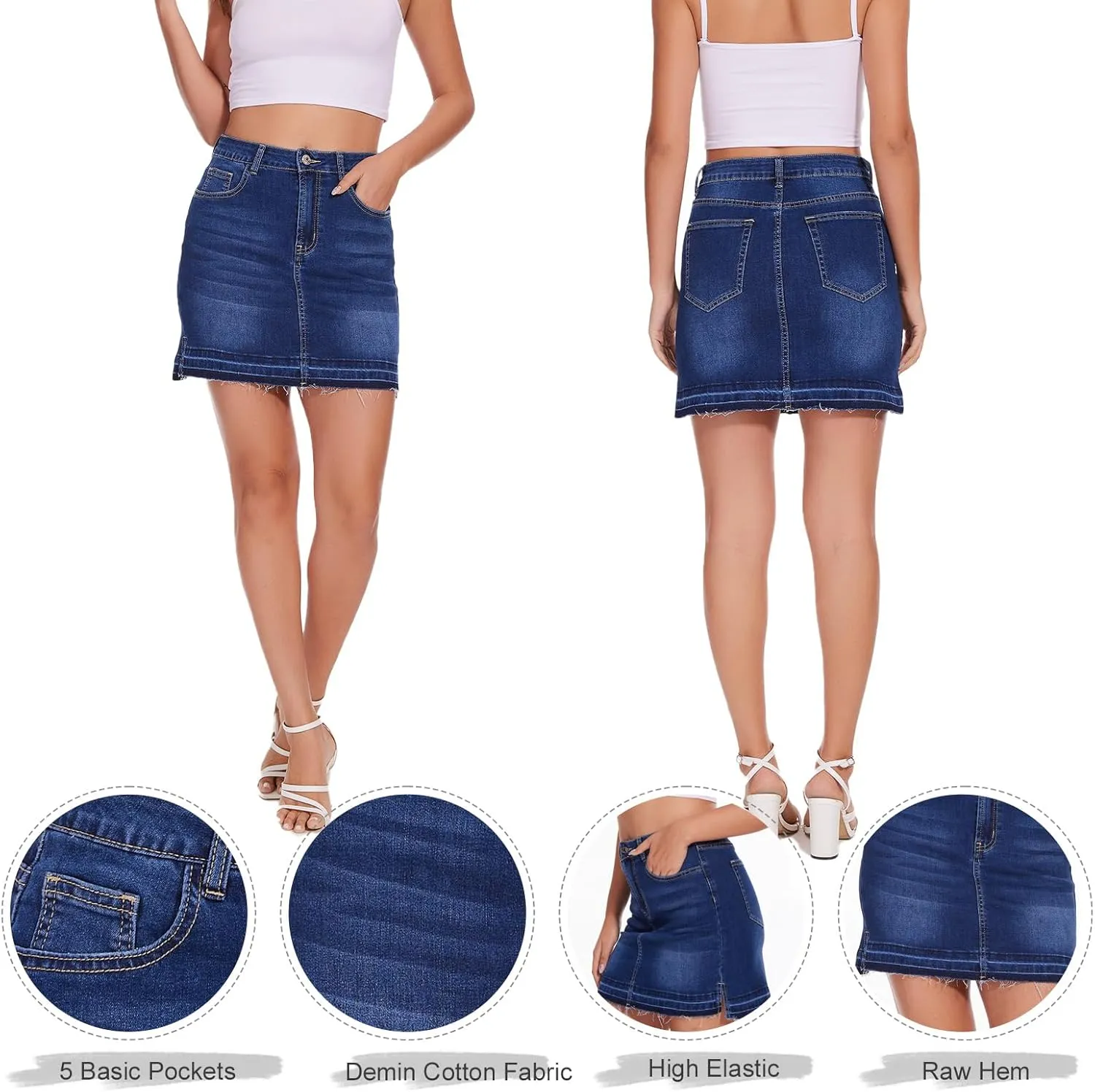 VIPONES Women Denim Skirt High Waist Raw Hem Stretch Ripped Casual Mini Jean Skirts
