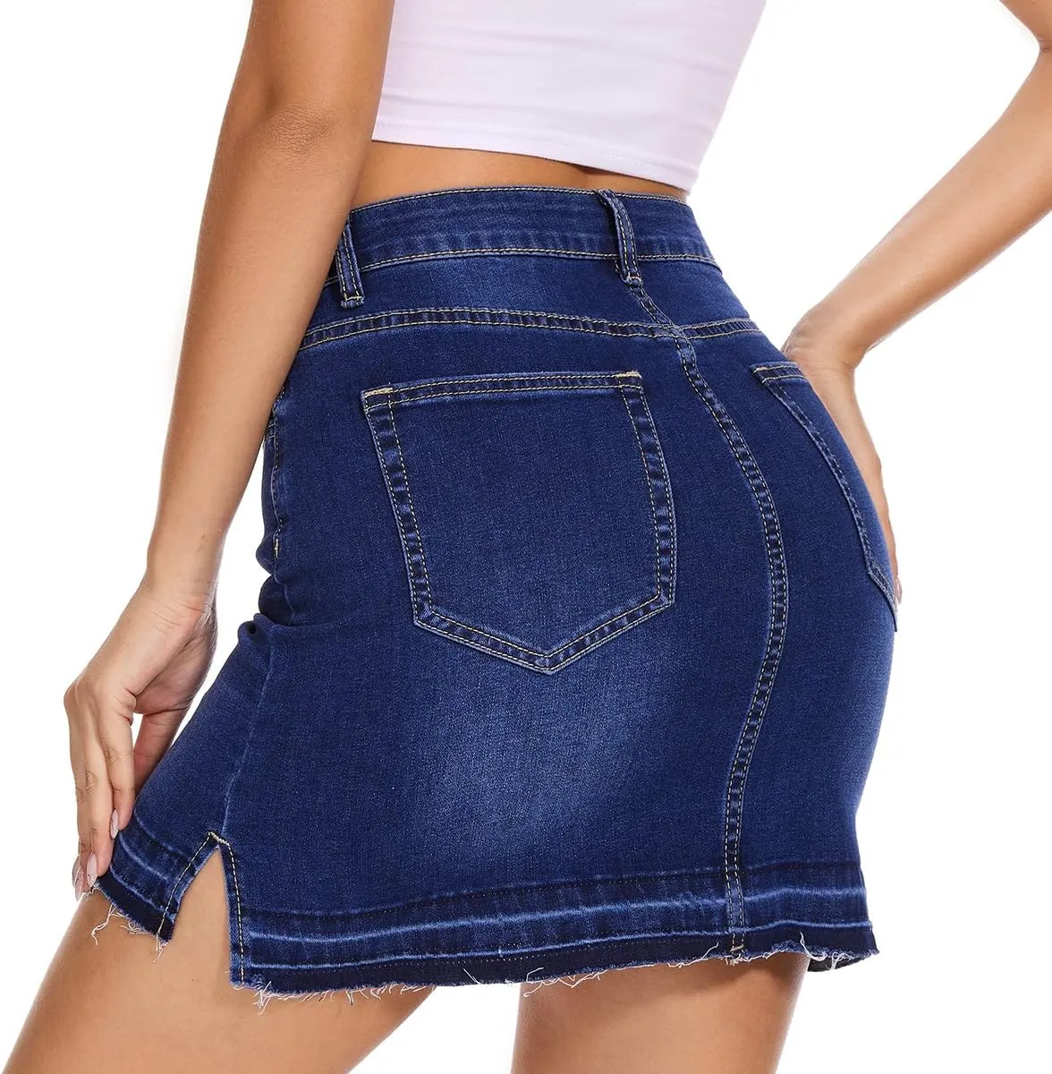 VIPONES Women Denim Skirt High Waist Raw Hem Stretch Ripped Casual Mini Jean Skirts