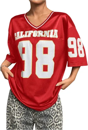 WDIRARA Women's Plus Size Football Jersey Shirts Oversized T Shirt Graphic Letter Print V Neck Short Sleeve Streetwear Top