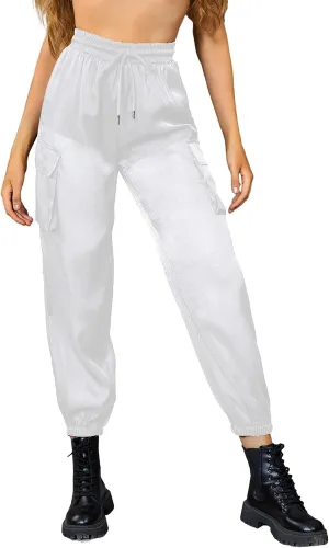 WDIRARA Women's Sheer Mesh High Waisted Straight Leg Cargo Pants with Pockets