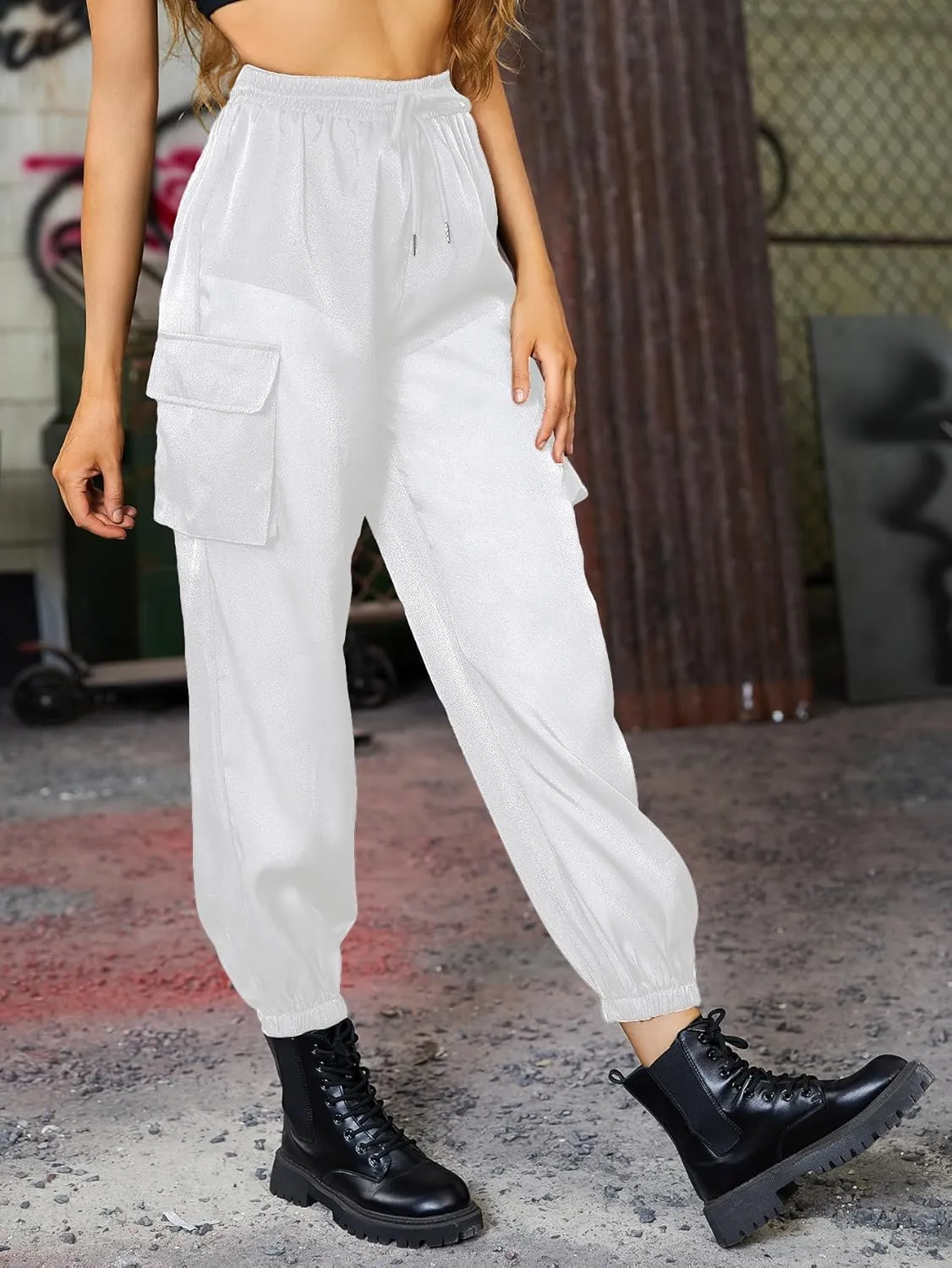 WDIRARA Women's Sheer Mesh High Waisted Straight Leg Cargo Pants with Pockets