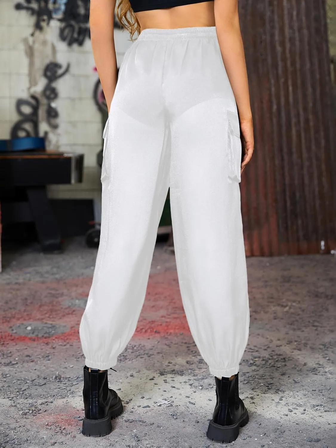 WDIRARA Women's Sheer Mesh High Waisted Straight Leg Cargo Pants with Pockets