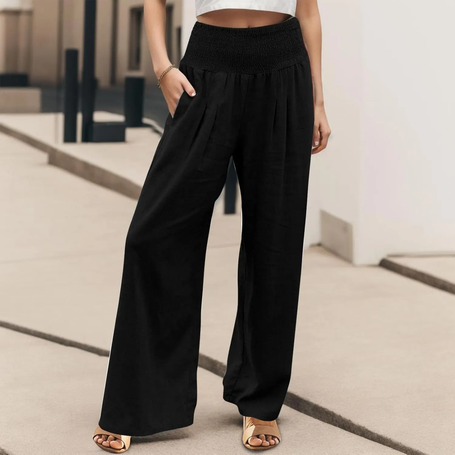 Wide Leg Ankle Pants for Women 2025 Baggy Y2K Summer Stretchy Boho Beach Pants High Waist Plus Size Lounge Palazzo Trousers