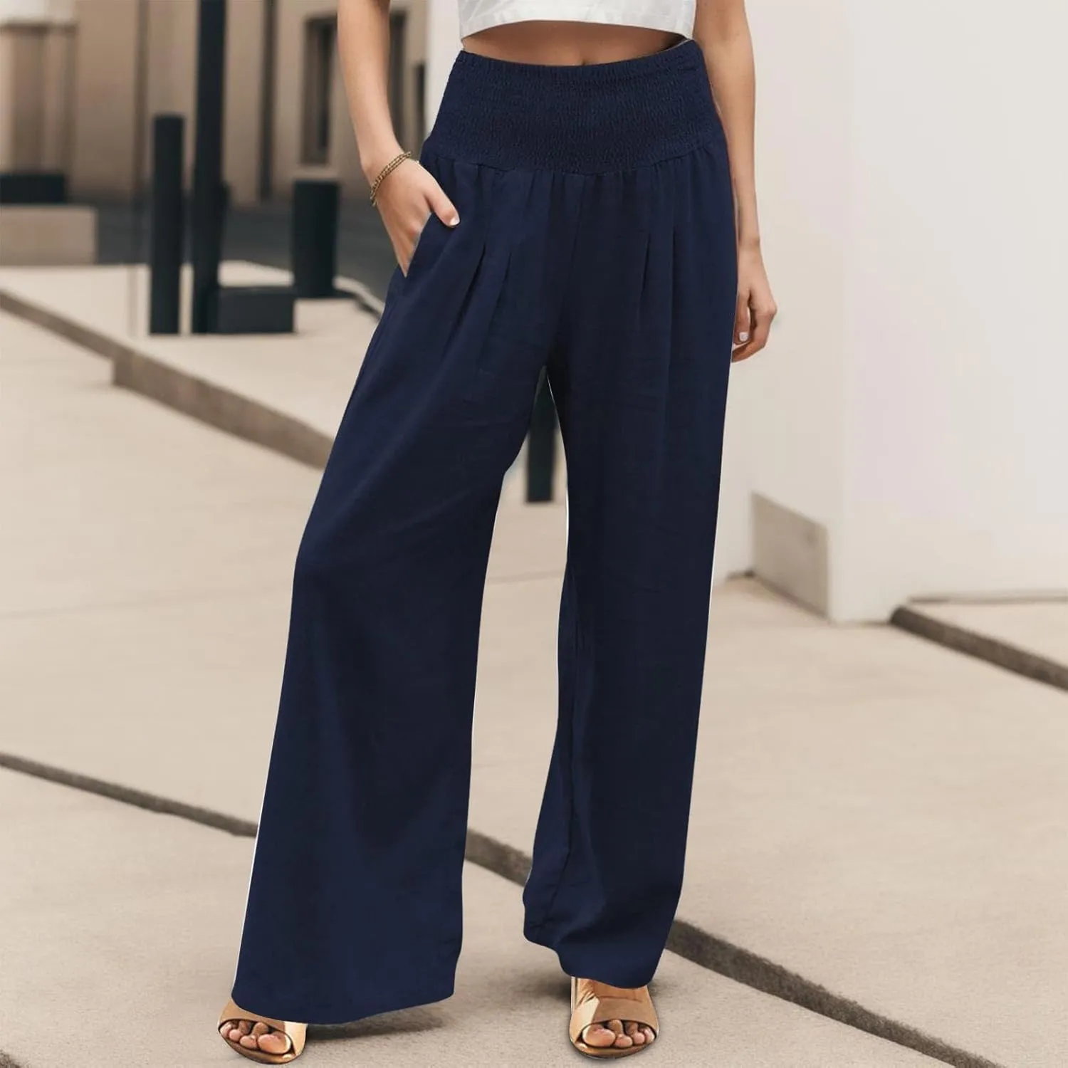 Wide Leg Ankle Pants for Women 2025 Baggy Y2K Summer Stretchy Boho Beach Pants High Waist Plus Size Lounge Palazzo Trousers