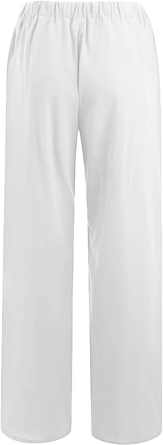 Wide Leg Linen Pants for Women Casual Summer Elastic Waist Loose Palazzo Trousers Flowy Beach Lounge Pants with Pocket