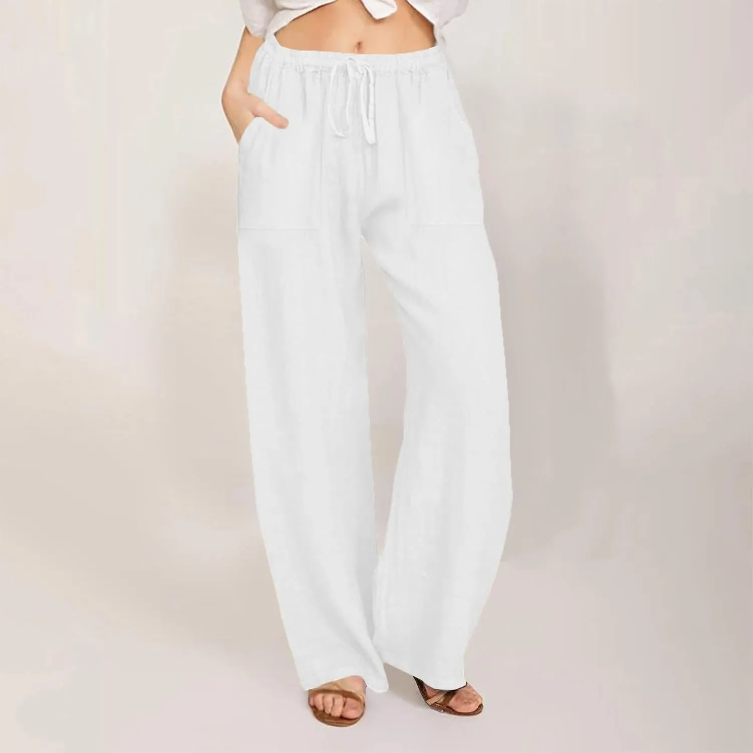 Wide Leg Linen Pants for Women Casual Summer Elastic Waist Loose Palazzo Trousers Flowy Beach Lounge Pants with Pocket
