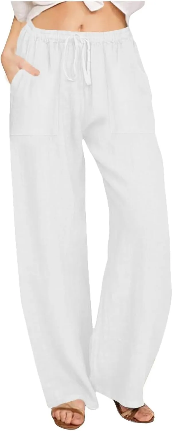 Wide Leg Linen Pants for Women Casual Summer Elastic Waist Loose Palazzo Trousers Flowy Beach Lounge Pants with Pocket