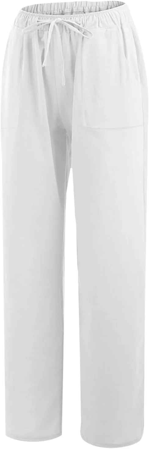 Wide Leg Linen Pants for Women Casual Summer Elastic Waist Loose Palazzo Trousers Flowy Beach Lounge Pants with Pocket