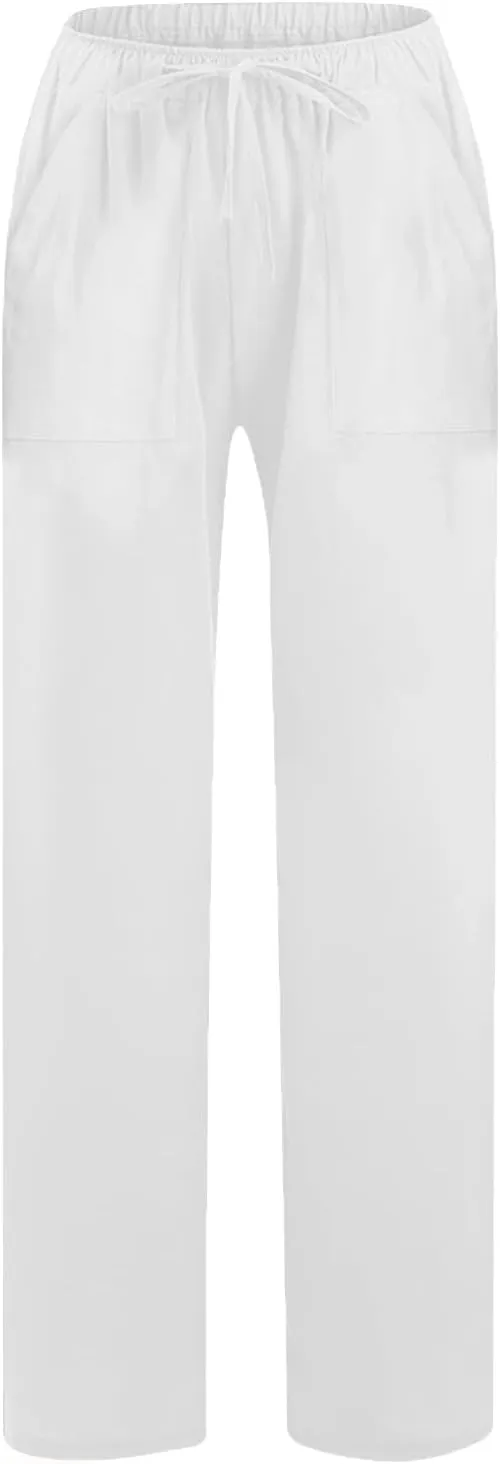 Wide Leg Linen Pants for Women Casual Summer Elastic Waist Loose Palazzo Trousers Flowy Beach Lounge Pants with Pocket