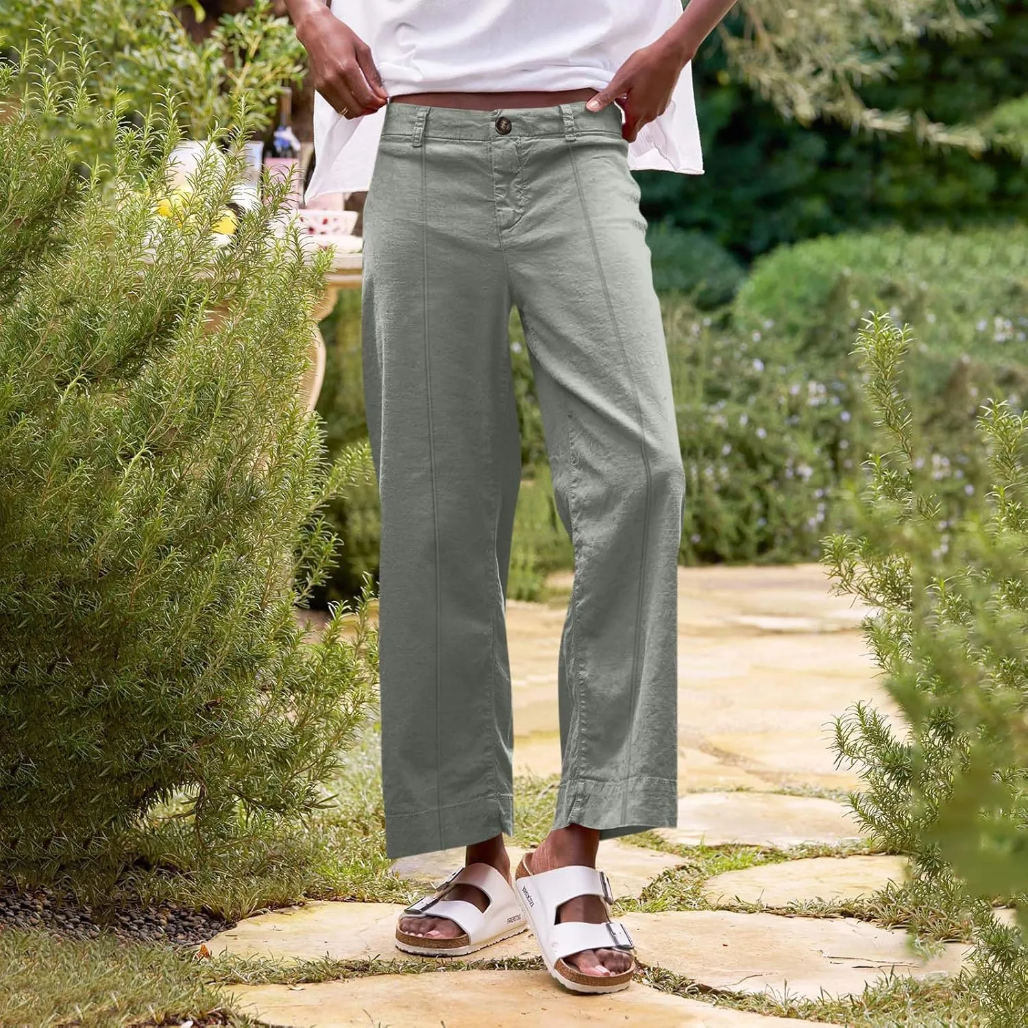 Wide Leg Linen Pants for Women Comfy Elastic Waist Dress Pants Summer Business Casual Palazzo Pants with Pockets