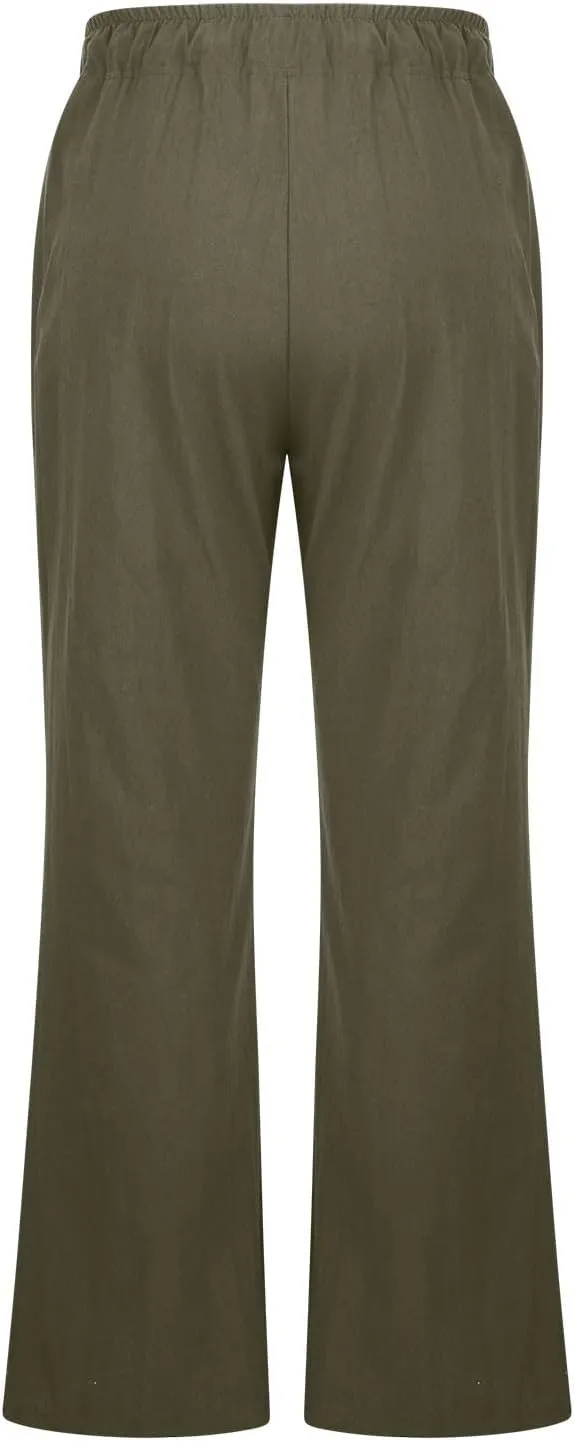 Wide Leg Palazzo Pants for Women Summer Basic Plain Linen Pants Beach Causal Drawstring Trousers with Pockets