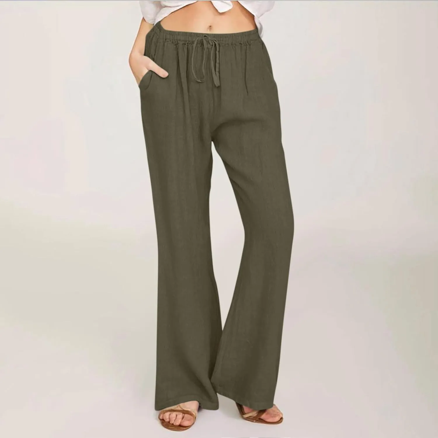 Wide Leg Palazzo Pants for Women Summer Basic Plain Linen Pants Beach Causal Drawstring Trousers with Pockets