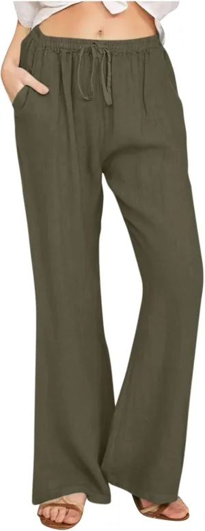 Wide Leg Palazzo Pants for Women Summer Basic Plain Linen Pants Beach Causal Drawstring Trousers with Pockets