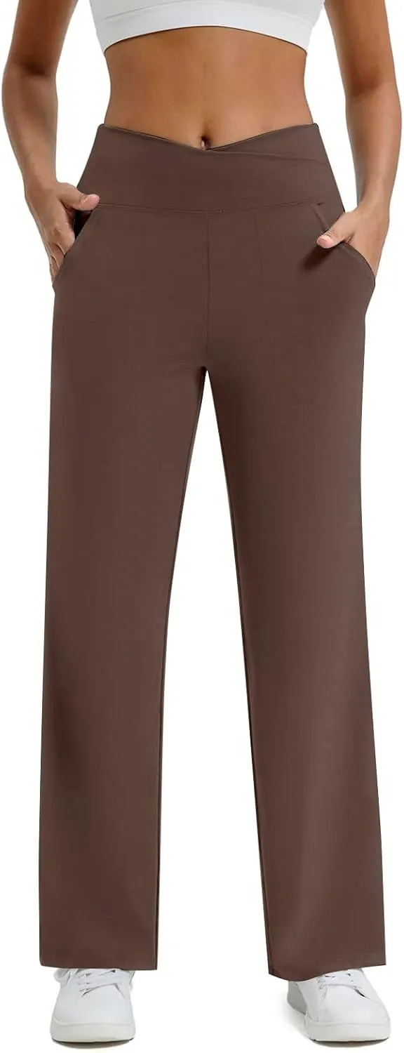Wide Leg Yoga Pants for Women with Pockets Casual Crossover High Waisted Stretch Work Pants Comfy Loose Lounge Pants
