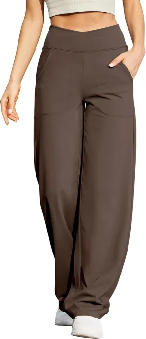 Wide Leg Yoga Pants for Women with Pockets Casual Crossover High Waisted Stretch Work Pants Comfy Loose Lounge Pants