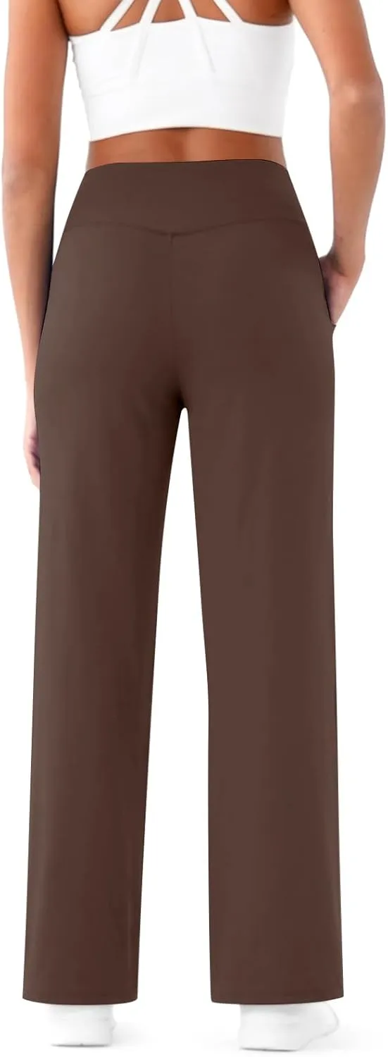 Wide Leg Yoga Pants for Women with Pockets Casual Crossover High Waisted Stretch Work Pants Comfy Loose Lounge Pants