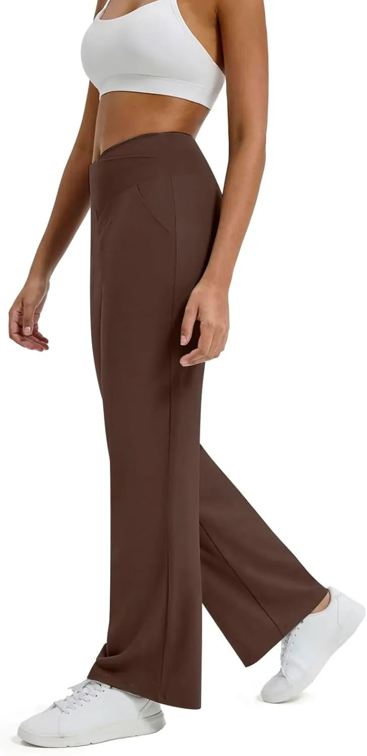 Wide Leg Yoga Pants for Women with Pockets Casual Crossover High Waisted Stretch Work Pants Comfy Loose Lounge Pants