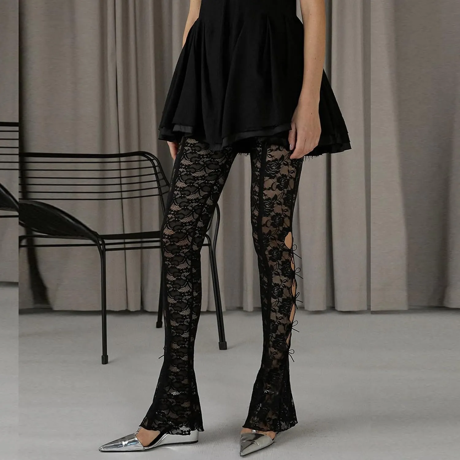 Women Bow Lace Flare Leggings High Waist Side Cutout Trousers Slim Fit Sexy Sheer Mesh Stretch Pants Party Clubwear
