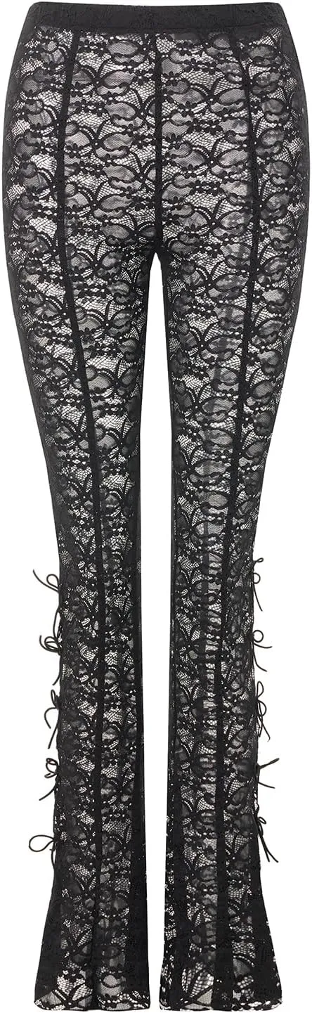 Women Bow Lace Flare Leggings High Waist Side Cutout Trousers Slim Fit Sexy Sheer Mesh Stretch Pants Party Clubwear