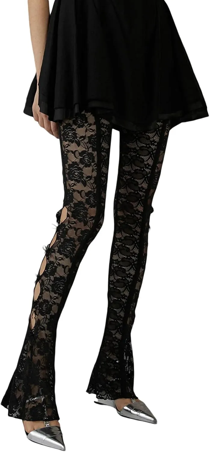 Women Bow Lace Flare Leggings High Waist Side Cutout Trousers Slim Fit Sexy Sheer Mesh Stretch Pants Party Clubwear