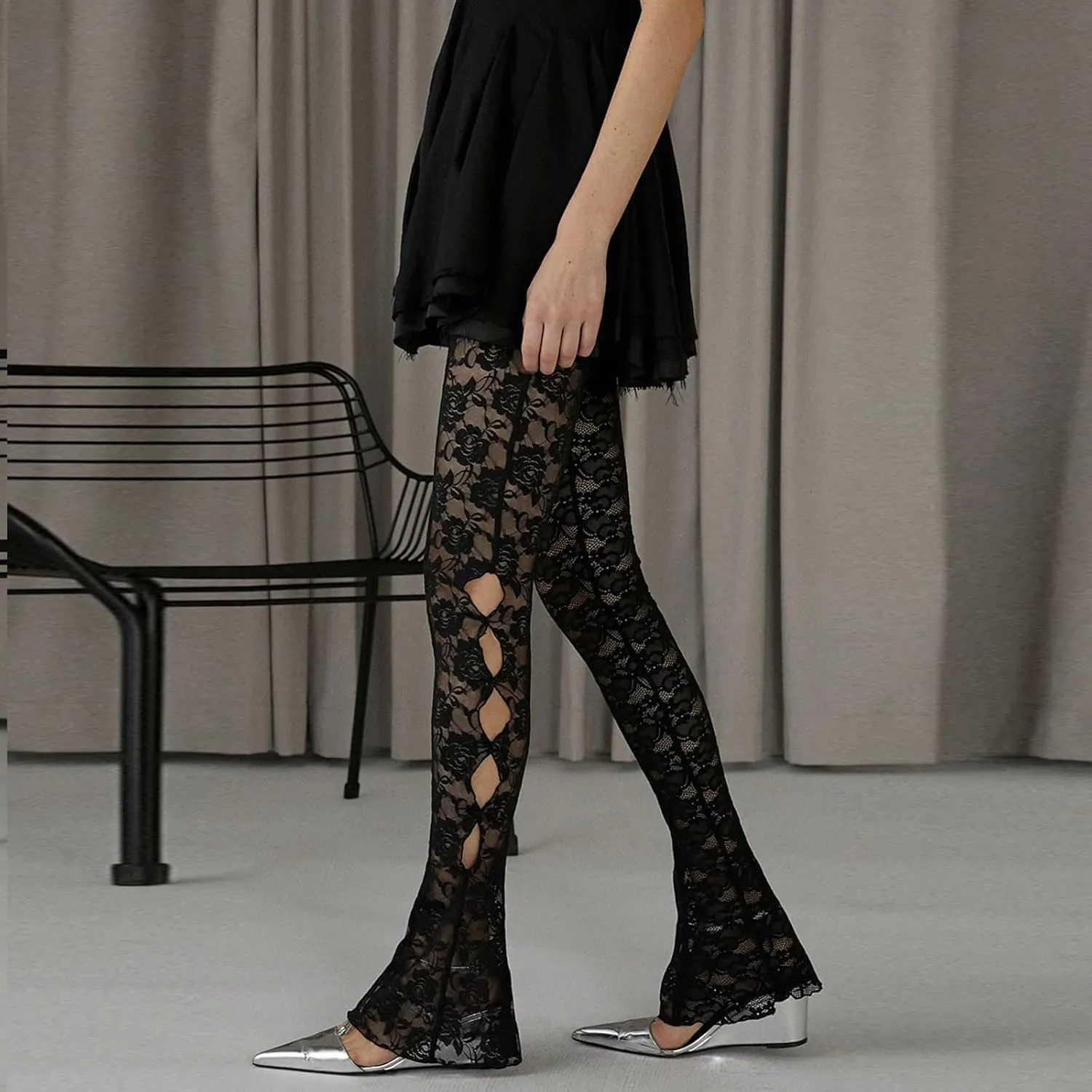 Women Bow Lace Flare Leggings High Waist Side Cutout Trousers Slim Fit Sexy Sheer Mesh Stretch Pants Party Clubwear