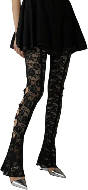 Women Bow Lace Flare Leggings High Waist Side Cutout Trousers Slim Fit Sexy Sheer Mesh Stretch Pants Party Clubwear