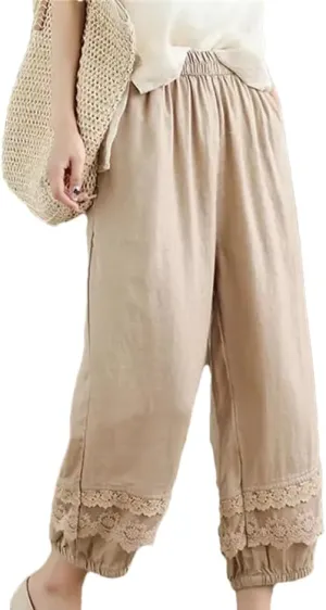 Women Casual Harem Pants Patchwork Lace Loose Pants Cotton Ankle-Length Elastic Waist Pants