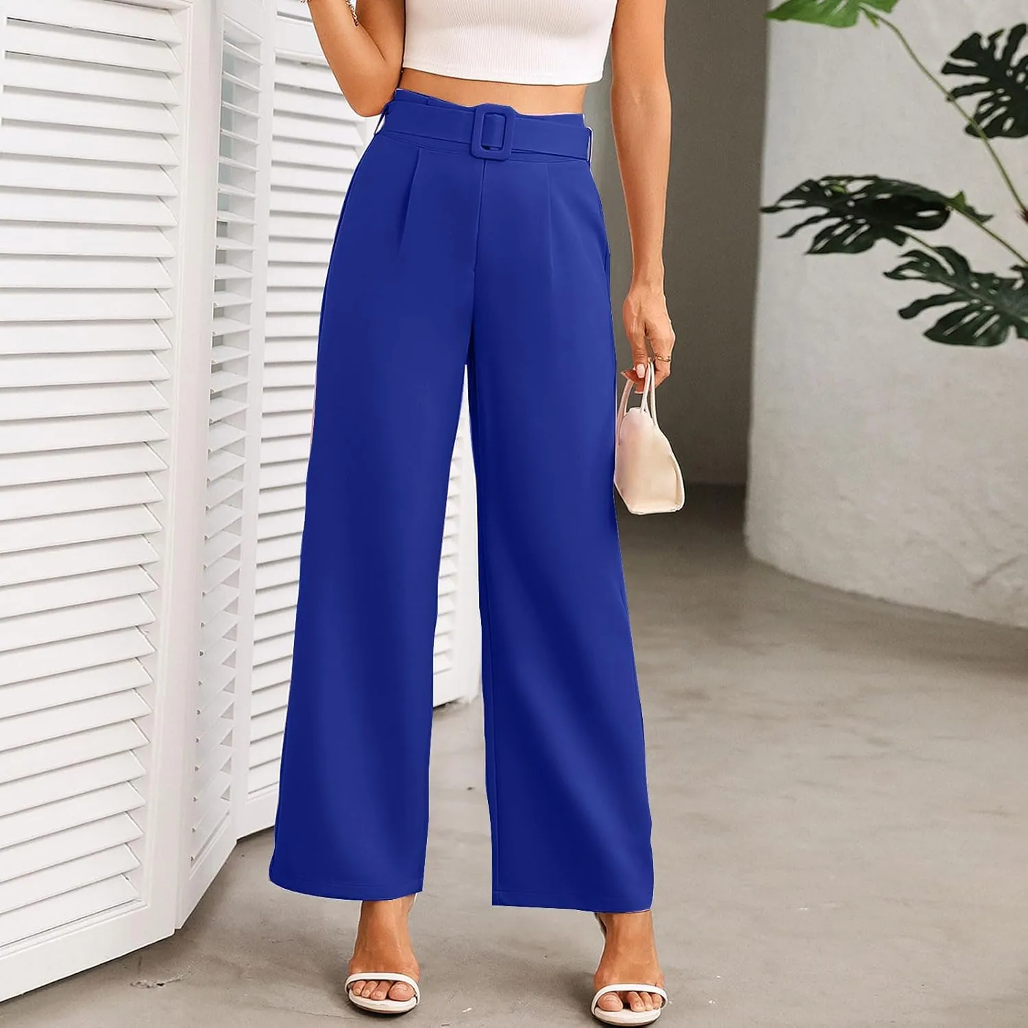 Women Casual Pleated Straight Suit Pants High Waist Loose Fit Dress Pants Solid Color Wide Leg Trousers with Belt