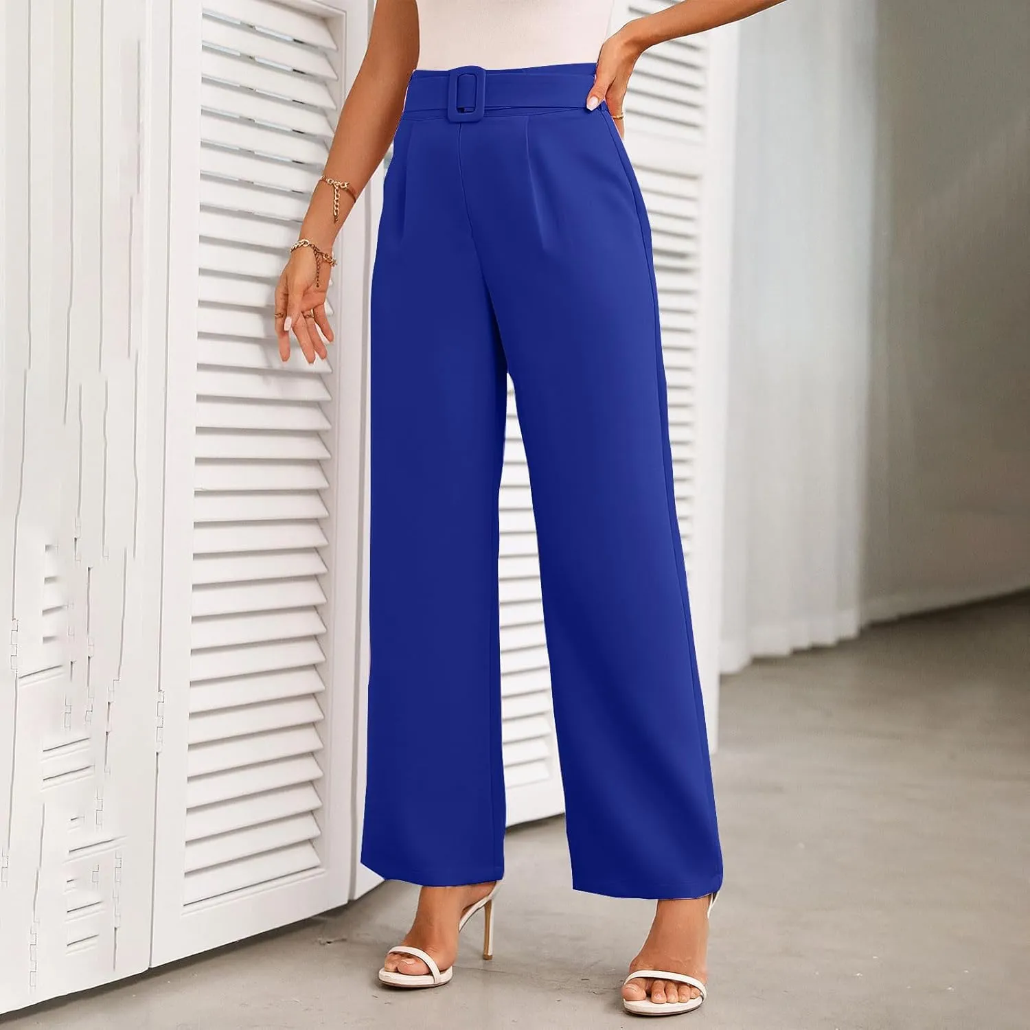 Women Casual Pleated Straight Suit Pants High Waist Loose Fit Dress Pants Solid Color Wide Leg Trousers with Belt