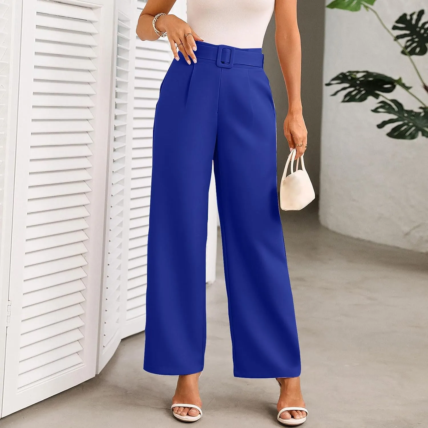 Women Casual Pleated Straight Suit Pants High Waist Loose Fit Dress Pants Solid Color Wide Leg Trousers with Belt
