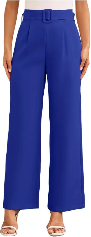 Women Casual Pleated Straight Suit Pants High Waist Loose Fit Dress Pants Solid Color Wide Leg Trousers with Belt