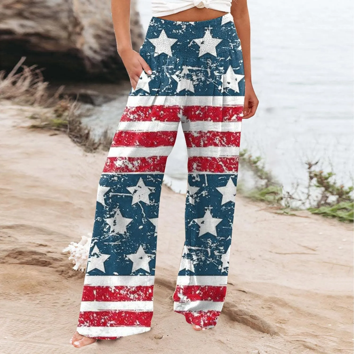 Women Cotton Linen Capri Pants Summer High Waisted Palazzo Pants Wide Leg Long Lounge Pant Trousers with Pocket
